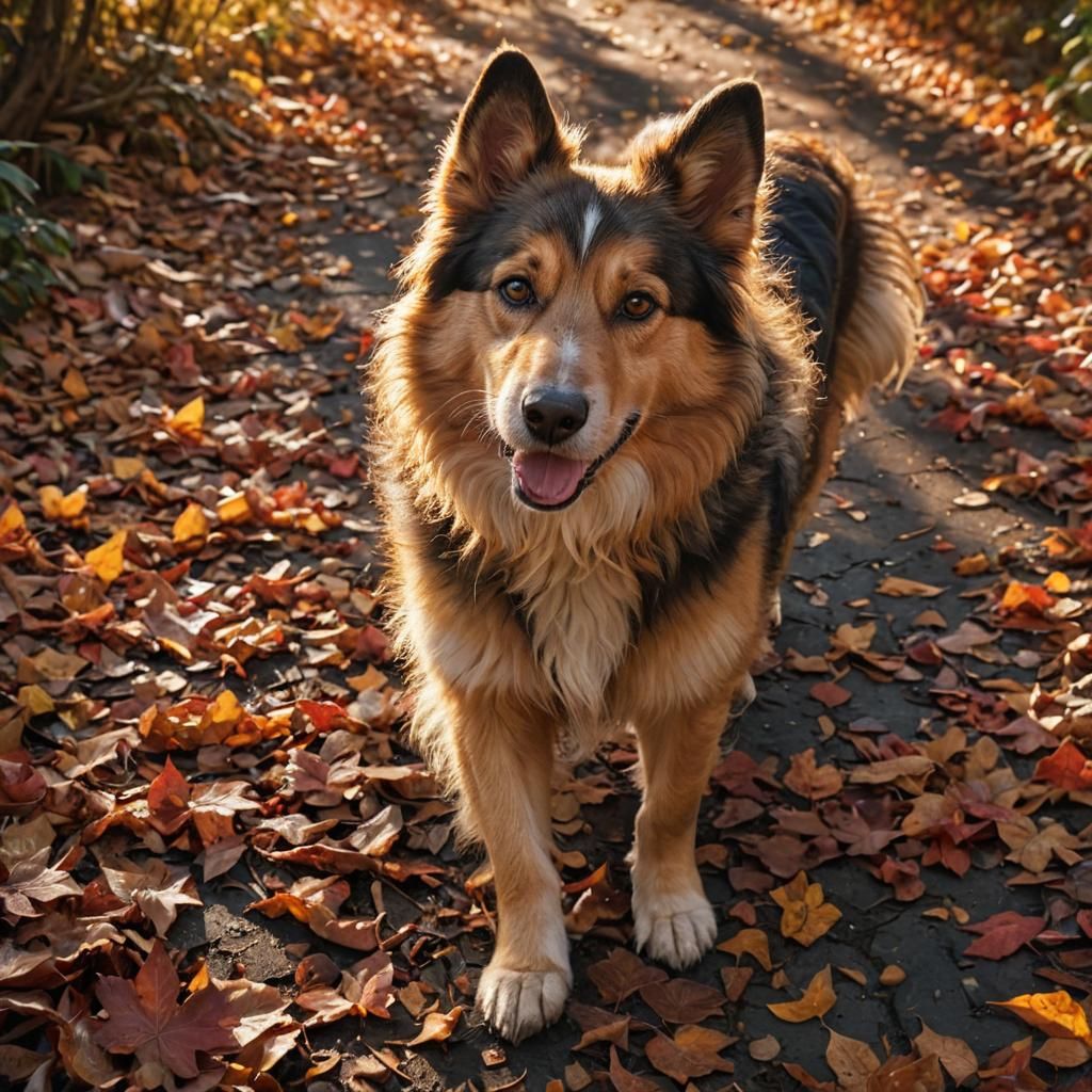 Dog Runs Through Autumn Leaves, Hyperrealistic Splash Art