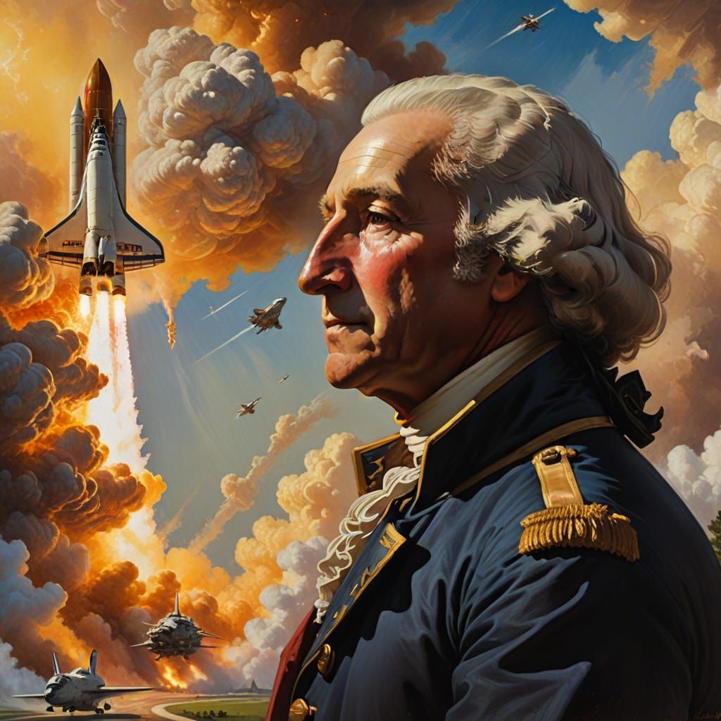 Washington Watches Shuttle Launch as Impressionist Oil Paint...