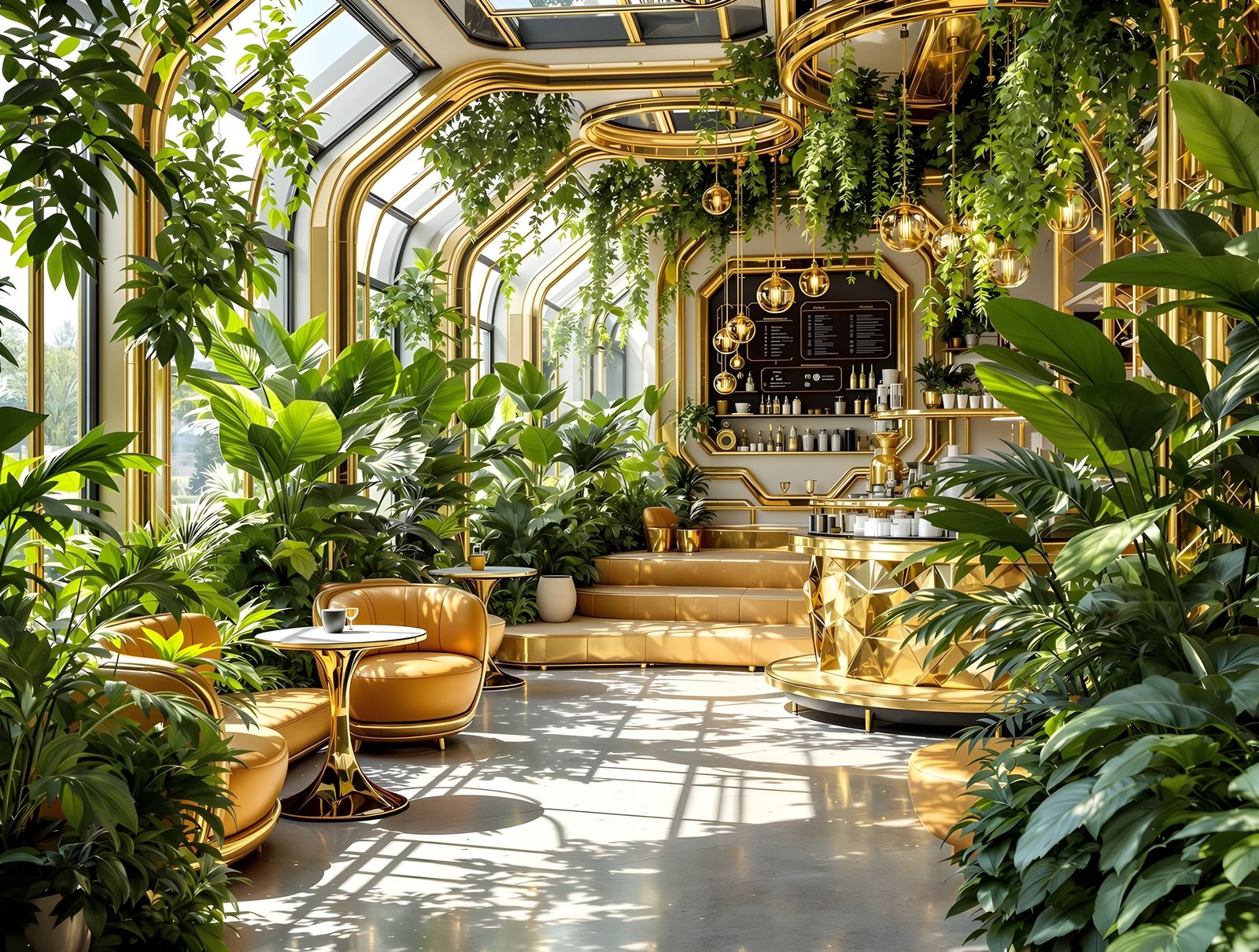 Surreal Solarpunk Cafe Blooms with Greenery and Gold