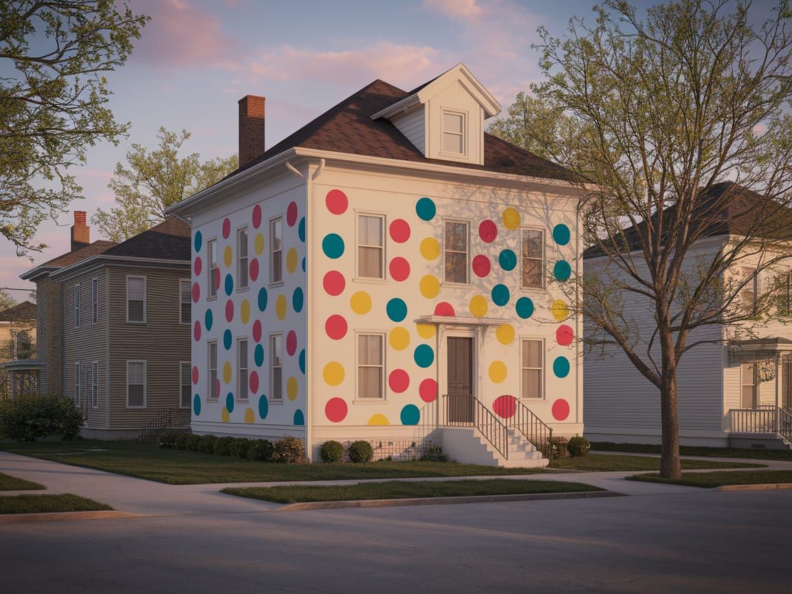 Whimsical Polka Dot House in 1920s Neighborhood