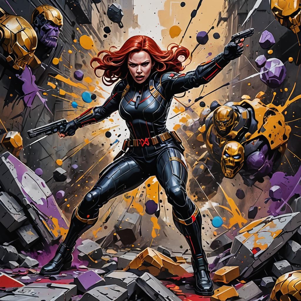 Black Widow vs Thanos in Graffiti Street Art