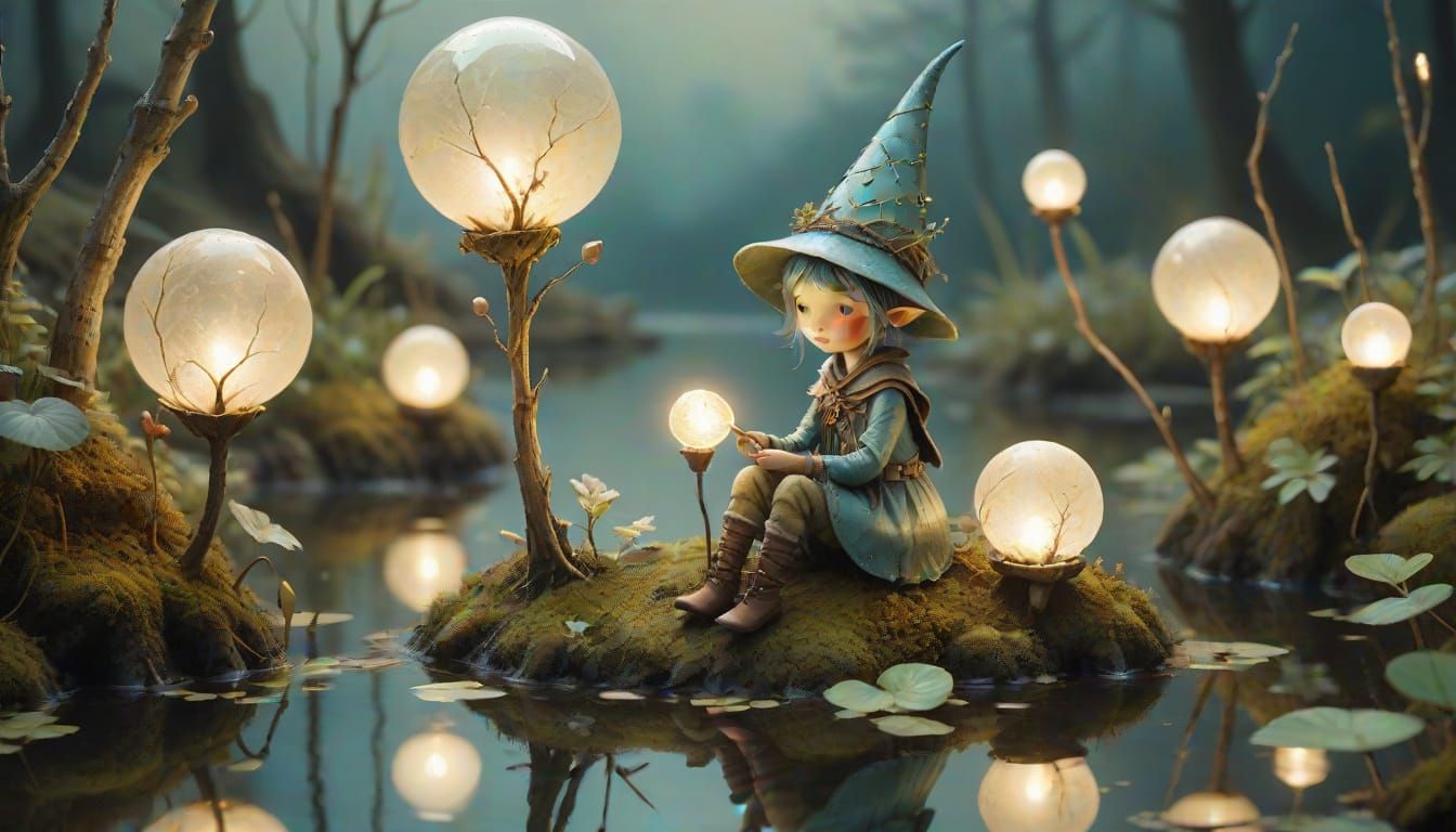 Whimsical Folk Art Pixie Fishing by a Pond in Earthy Tones