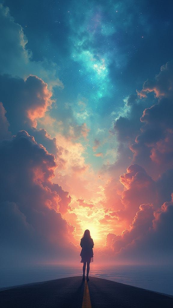 Crossroads Figure Under Cosmic Sky: A Digital Painting