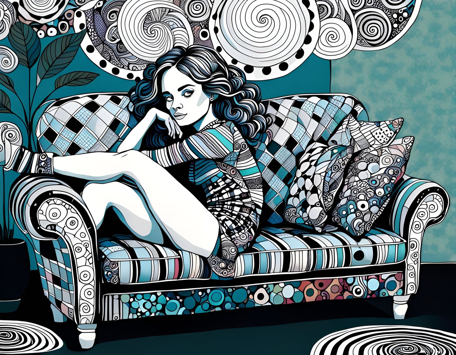 Woman on Couch in Detailed Zentangle Style