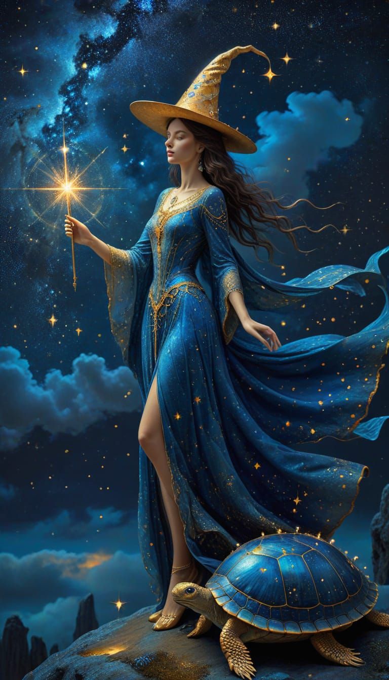 Ethereal Sorceress with Glowing Wand, Starry Night