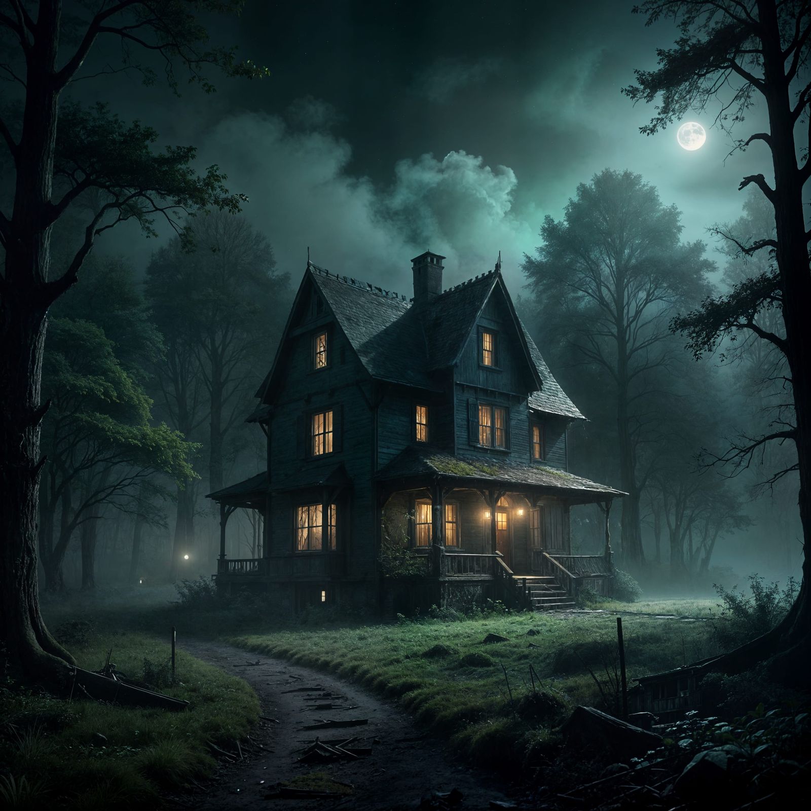Eerie Moonlit House in Dark Fantasy Style