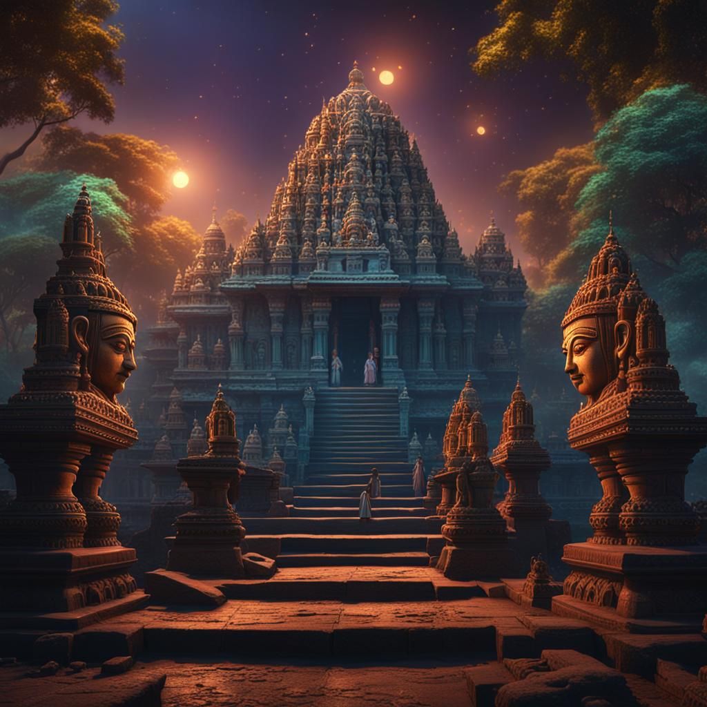 Illuminated Ancient City in India: Fantasy Art