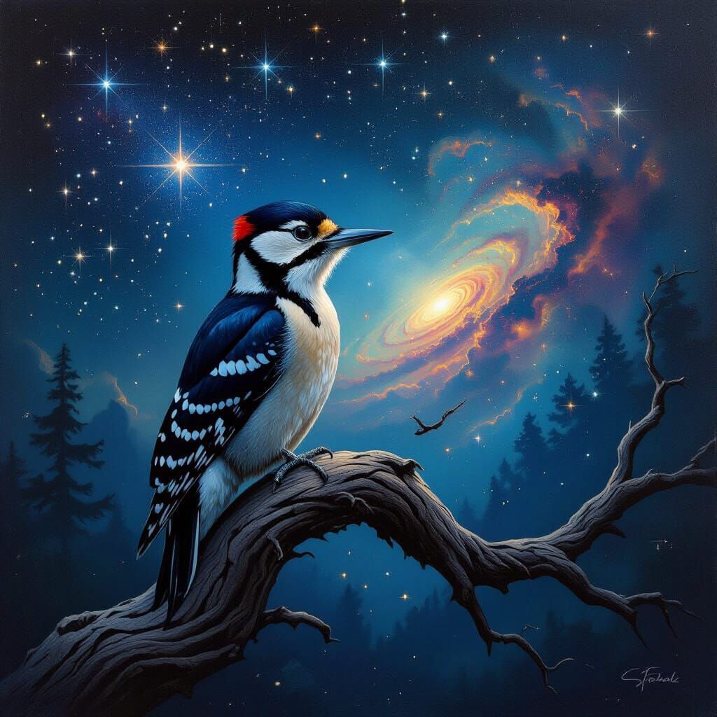 Iridescent Woodpecker Under Nebula Sky: Oil Painting