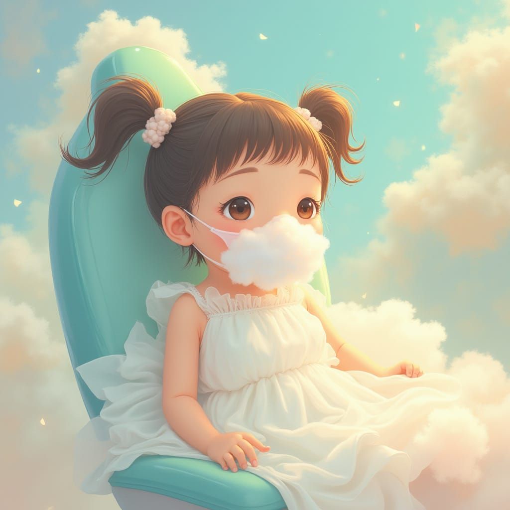 Whimsical Anime-Style Baby in Cloudy Dentist Chair