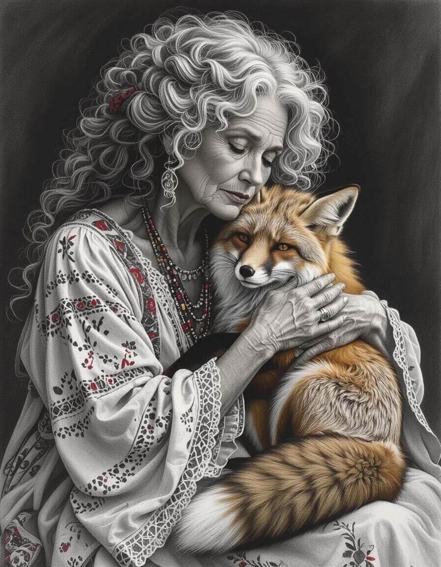 Bohemian Woman Cradling Fox: Hyperdetailed Charcoal Drawing