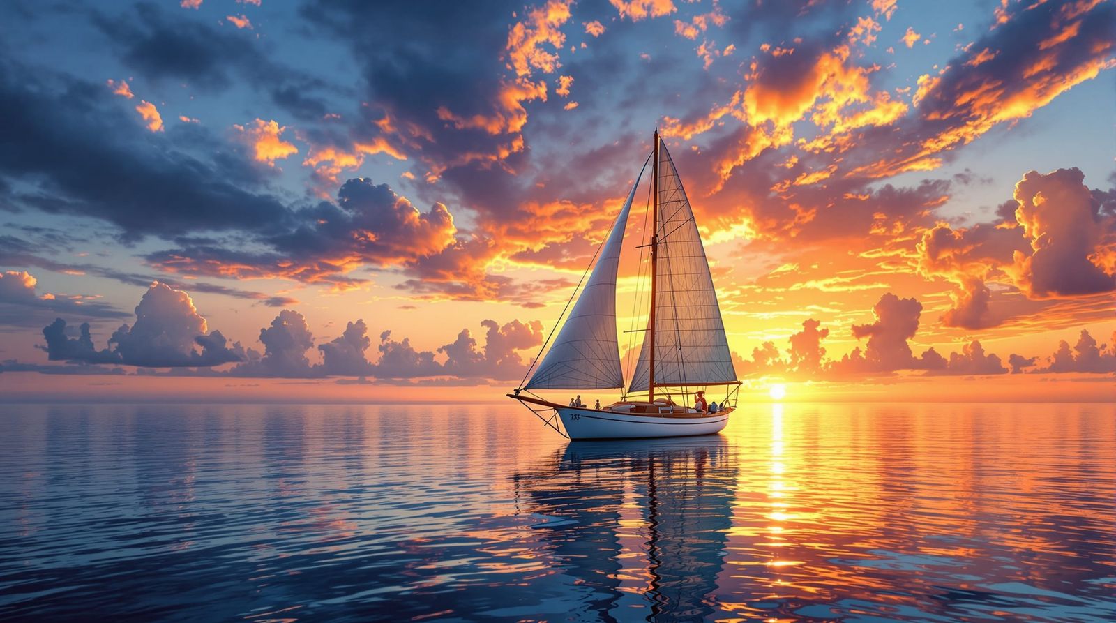 Sailing Boat in Calm Bay at Sunset