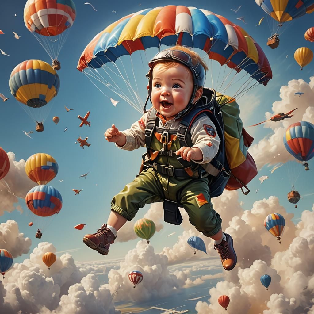 Hyperrealistic Baby Parachuting: Splash Art Concept