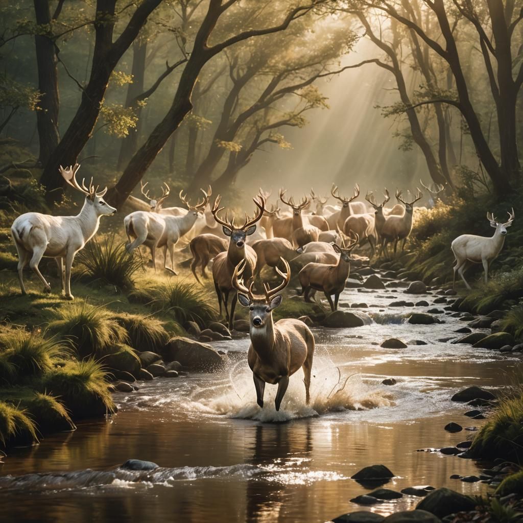 Majestic White Deer Herd in Hyperrealistic Wildlife Photo