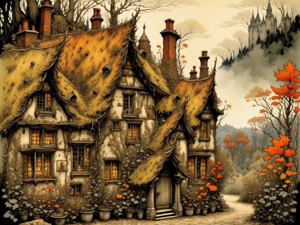 Whimsical Medieval Townscape in Muted, Ethereal Hues