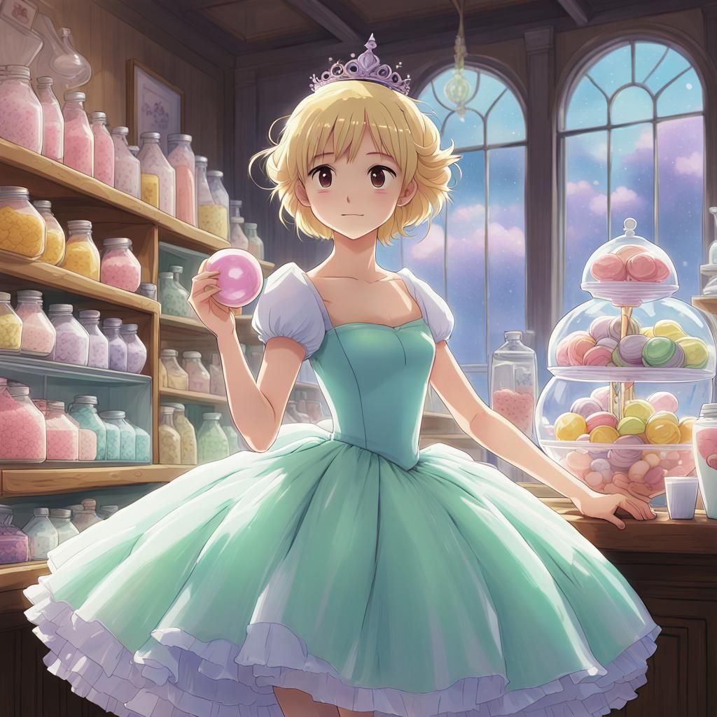 Anime Princess Surrounded by Candy in Ghibli Style