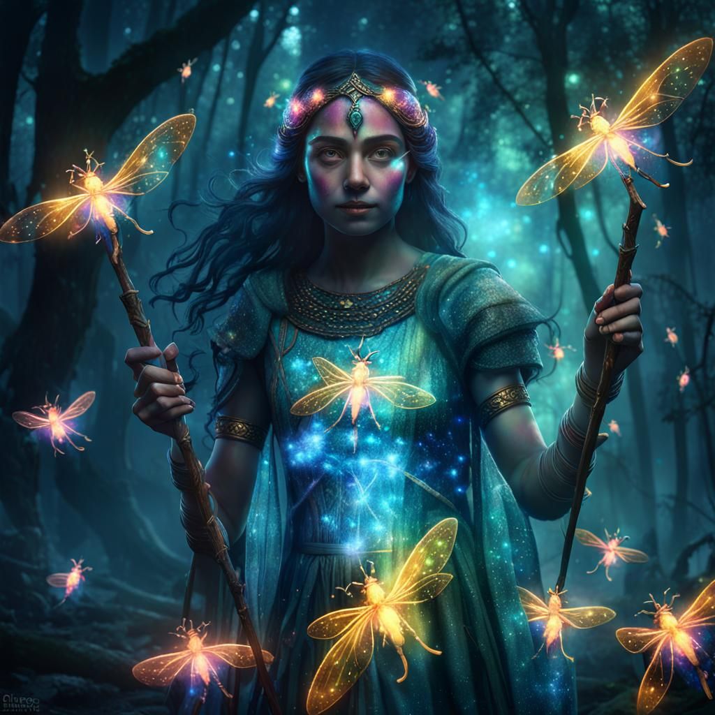 Enchantress with Glowing Staff in Magical Woods