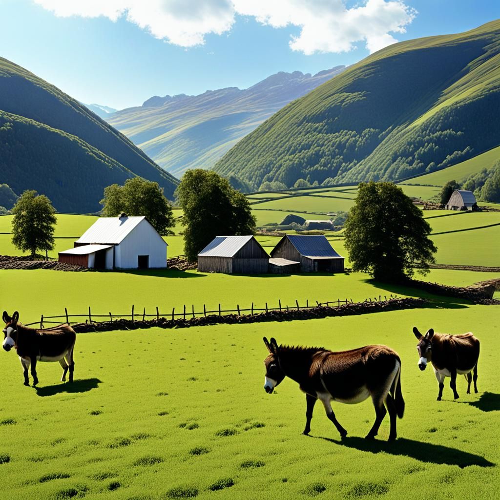 Highland Farm with Donkey: Minimalist Gouache Lineart
