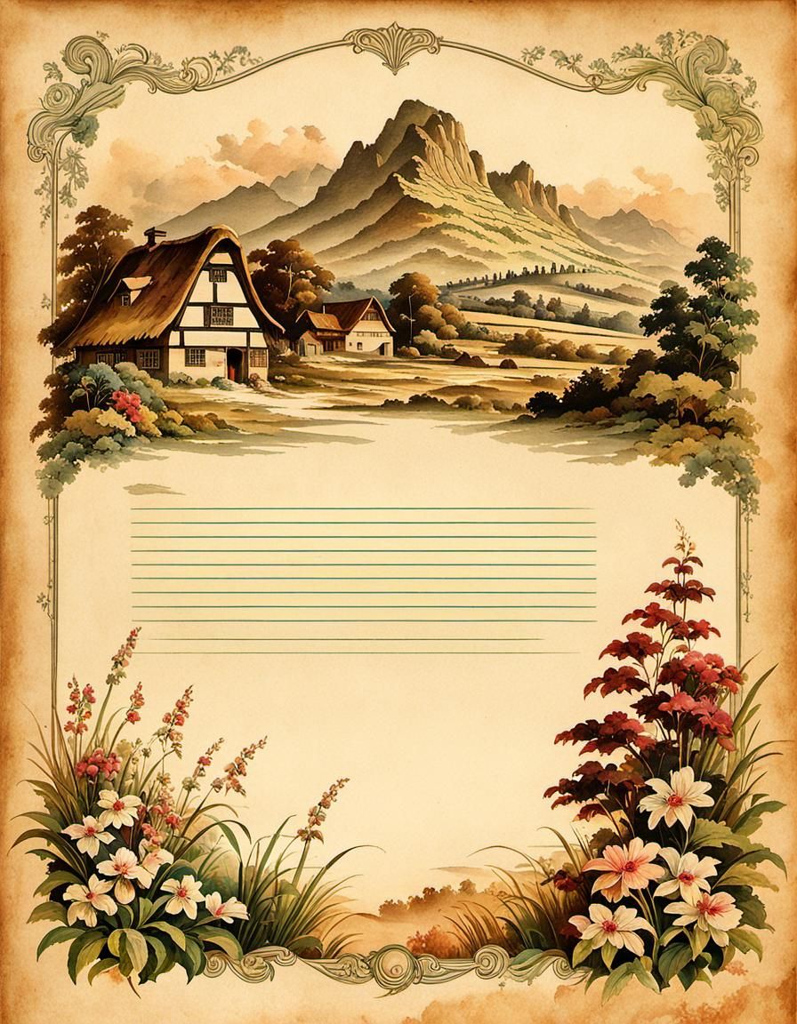 Vintage Parchment Stationery with Cottage Landscape