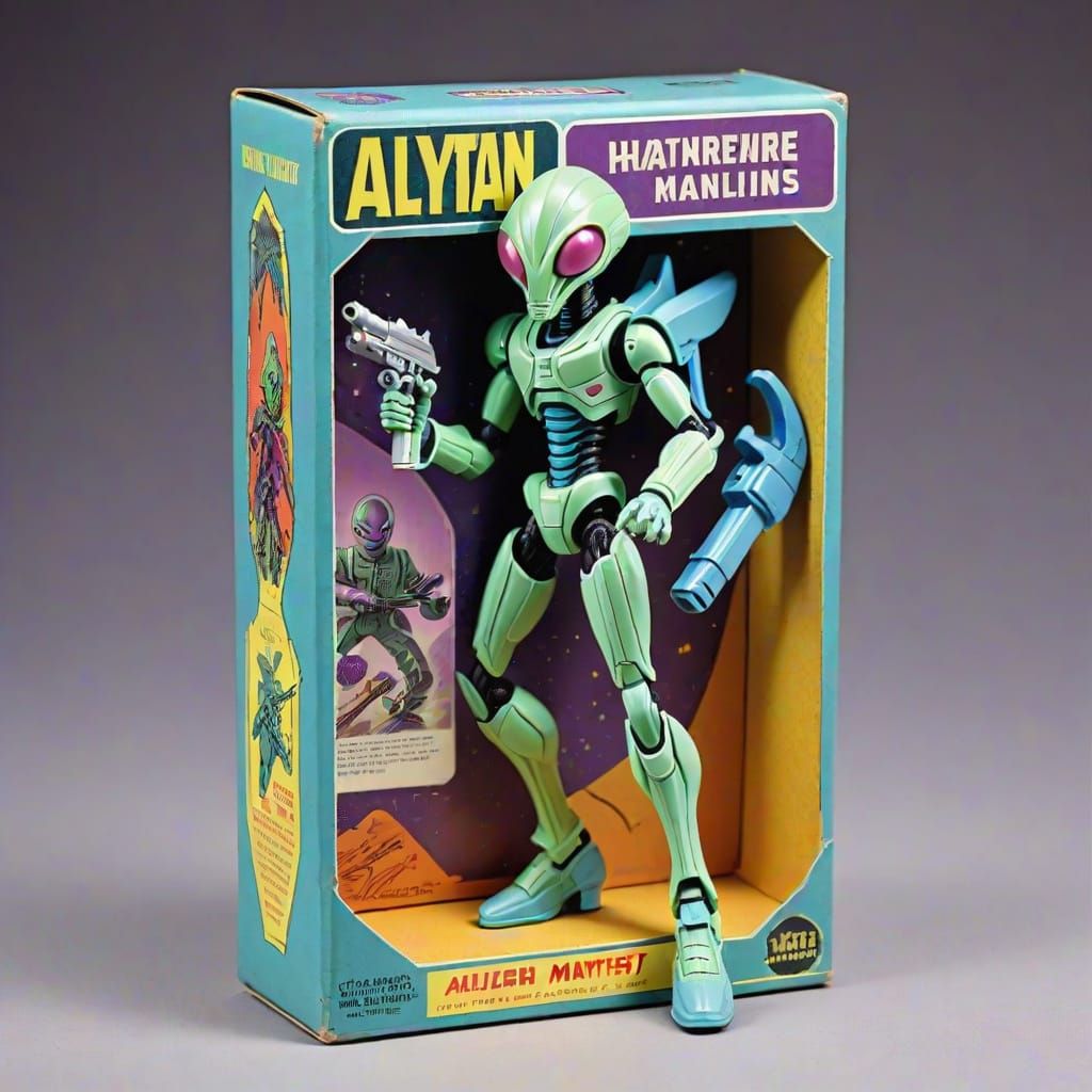 Retro Sci-Fi Mantis Action Figure Box Art in Lavender