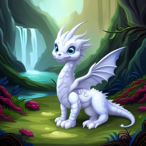 Smiling White Baby Dragon by Waterfall