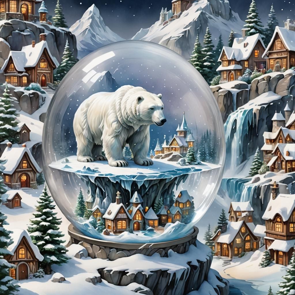 Ice Mountain and Polar Bear Snow Globe in Watercolor