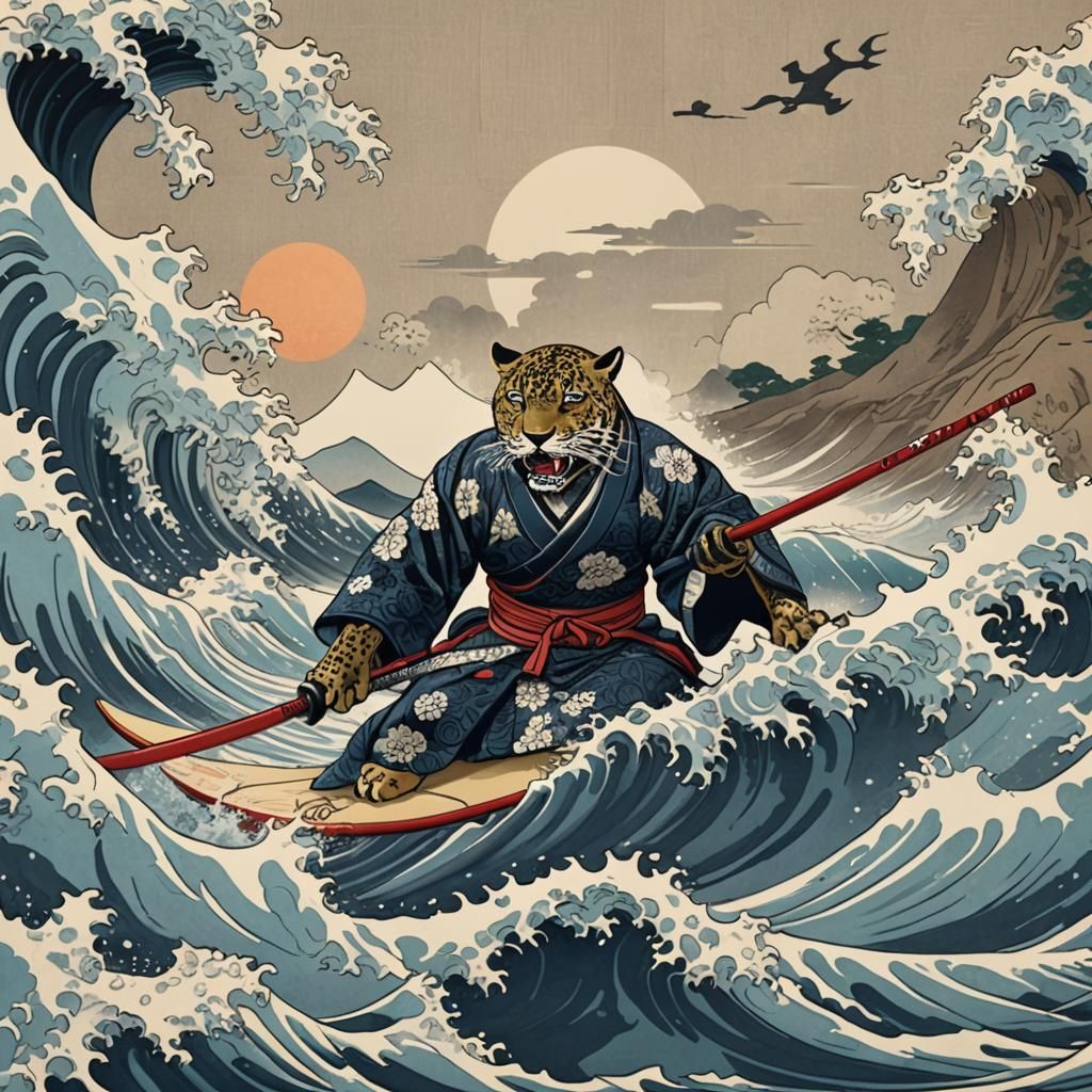 Jaguar Samurai Surfing Wave, Ukiyo-e Style