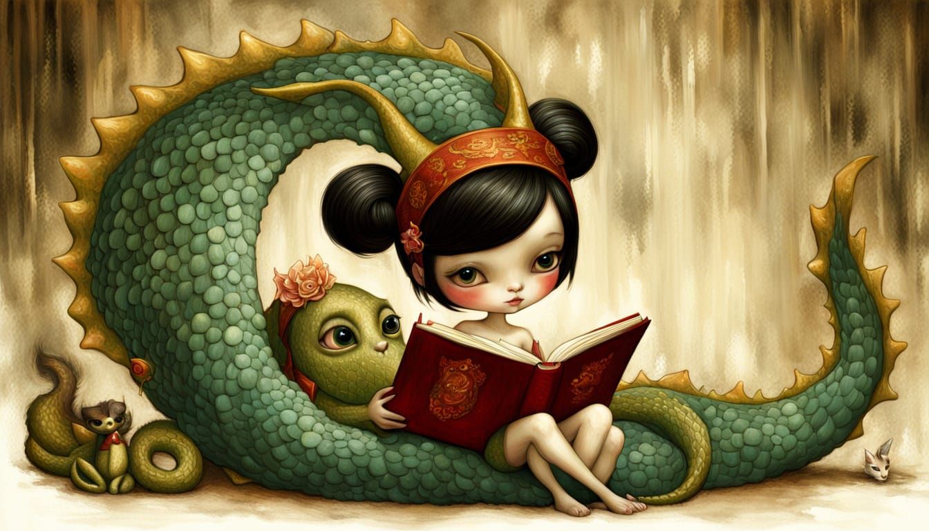 Whimsical Storybook Portrait of a Cute Dragon Girl with Her ...
