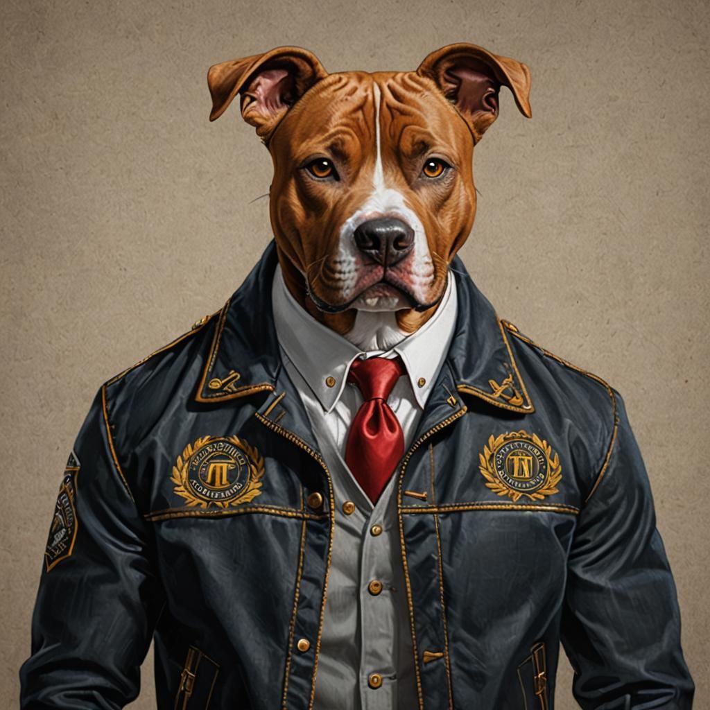 Anthropomorphic Pitbull with Embroidered Leather Jacket