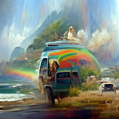 Colorful Hippie Van Over Rainbow, Oil Painting Style