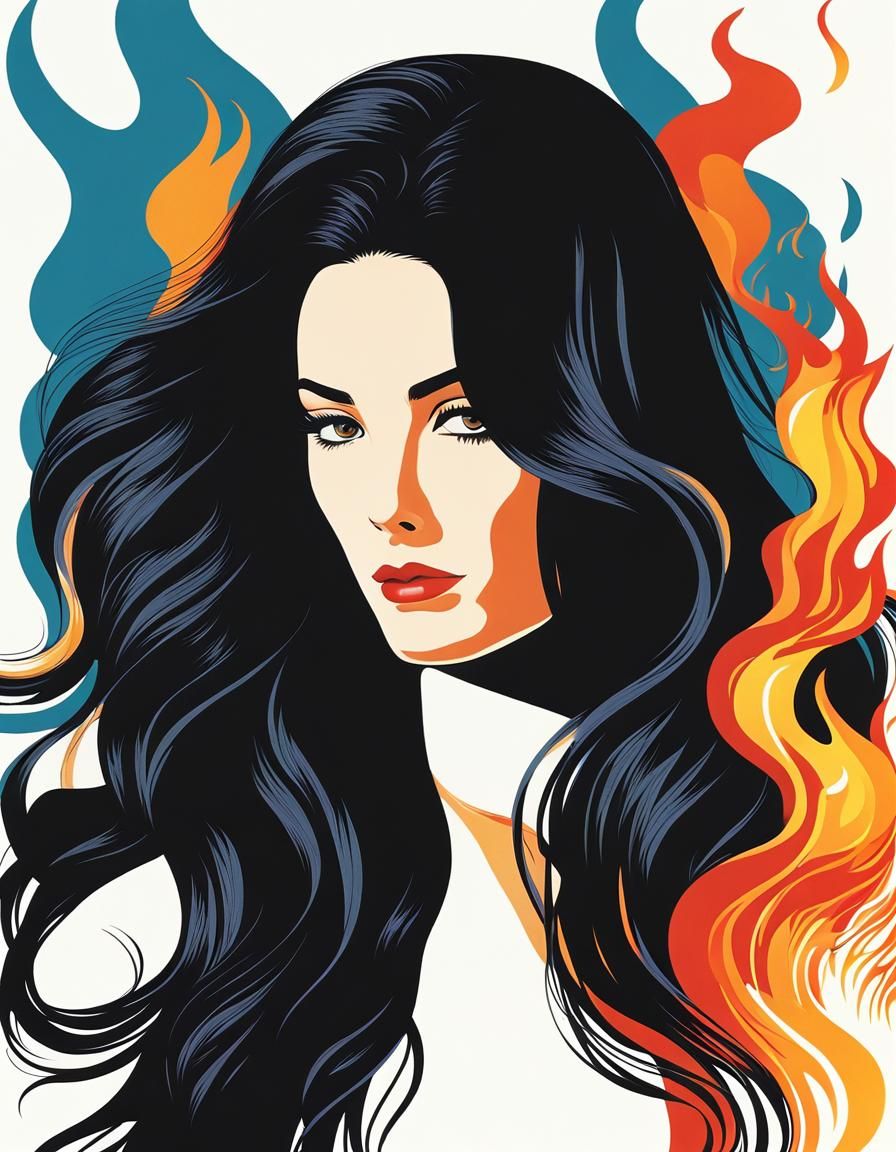Retro 80s Woman with Flames in Hair, Riso Print