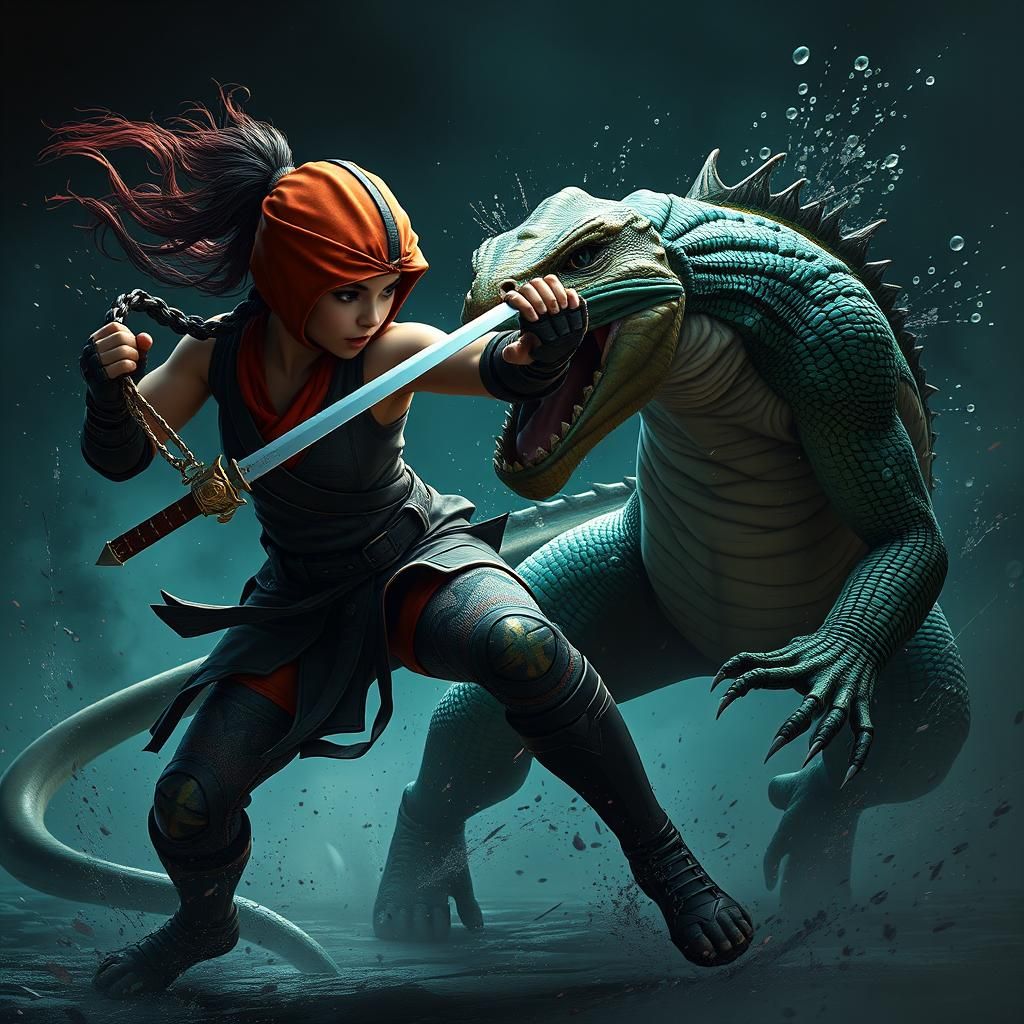 Ninja Girl Warrior Battles Lizard Man: Fantasy Art
