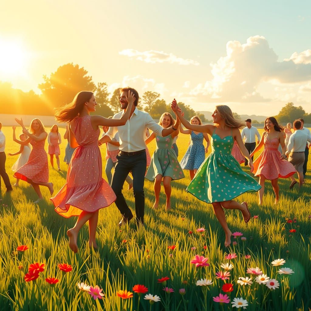 Joyful Polka Dance in Sunlit Meadow, Whimsical Illustration