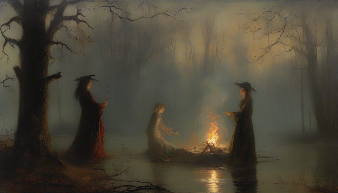 Eerie Swamp Séance with Dancing Figures, in Goya Style