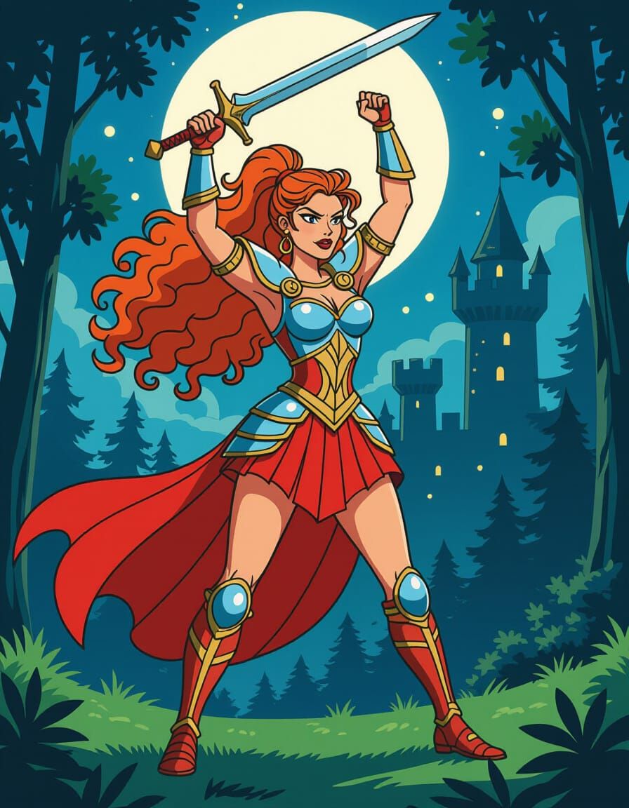 Red-Haired Warrior in 80s Cartoon She-Ra Style