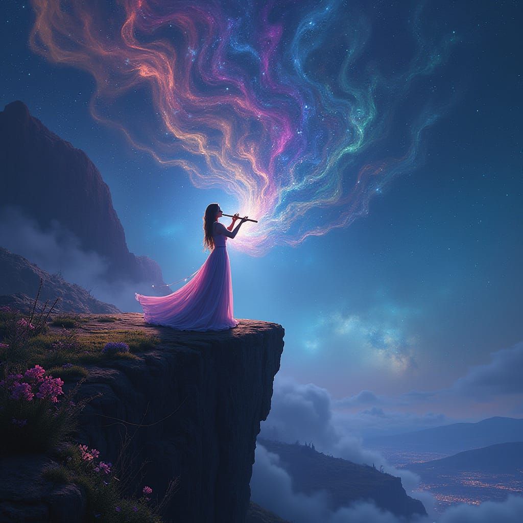 Luminous Glass Flute Player Under Starry Sky