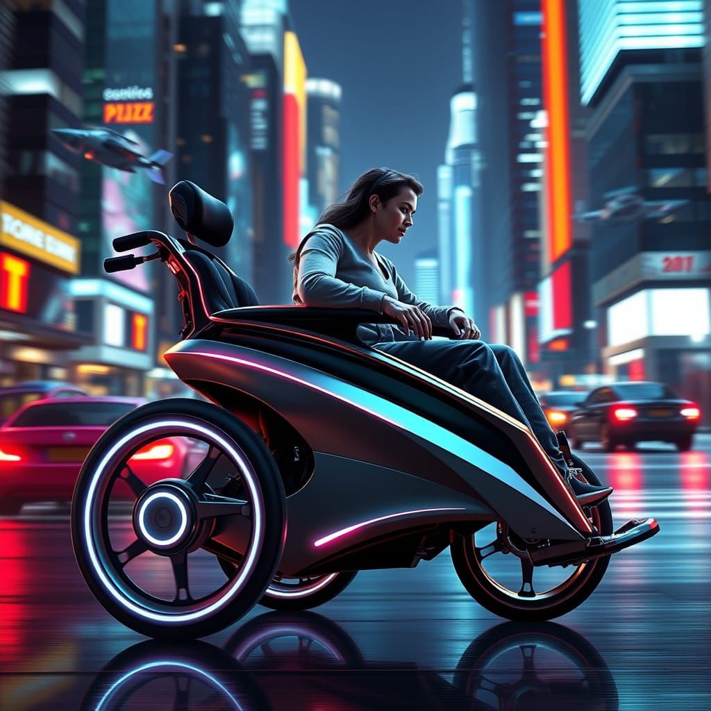 Cyberpunk Electric Wheelchair for Two in Futuristic Cityscap...