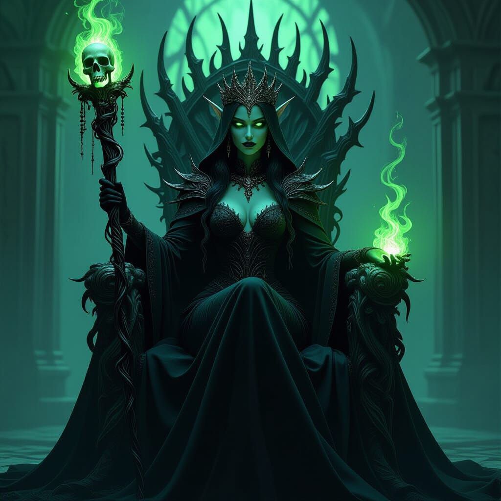 Dark Elf Queen on Thorn Throne in Gothic Noir