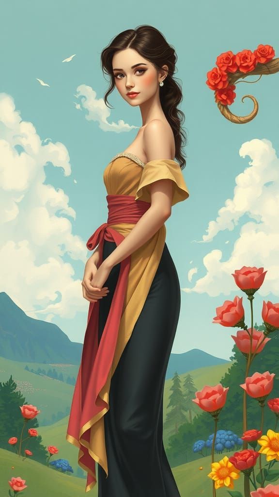 Elegant Woman in Whimsical Landscape, Digital Art