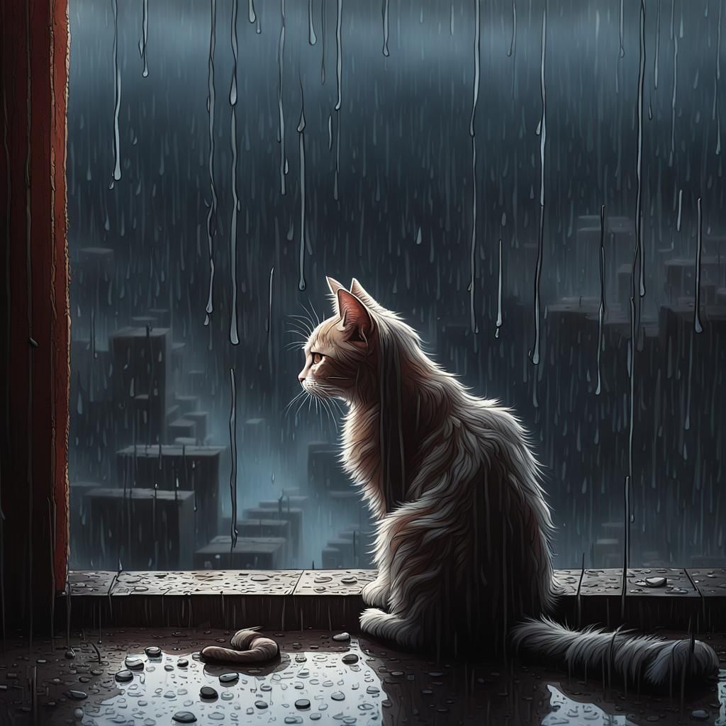 Sorrowful Cat Seeks Shelter from Rain in Matte Painting