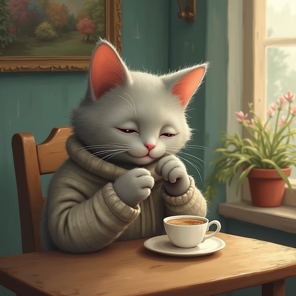 Cat Sipping Coffee Illustration in Fantasy Art Style