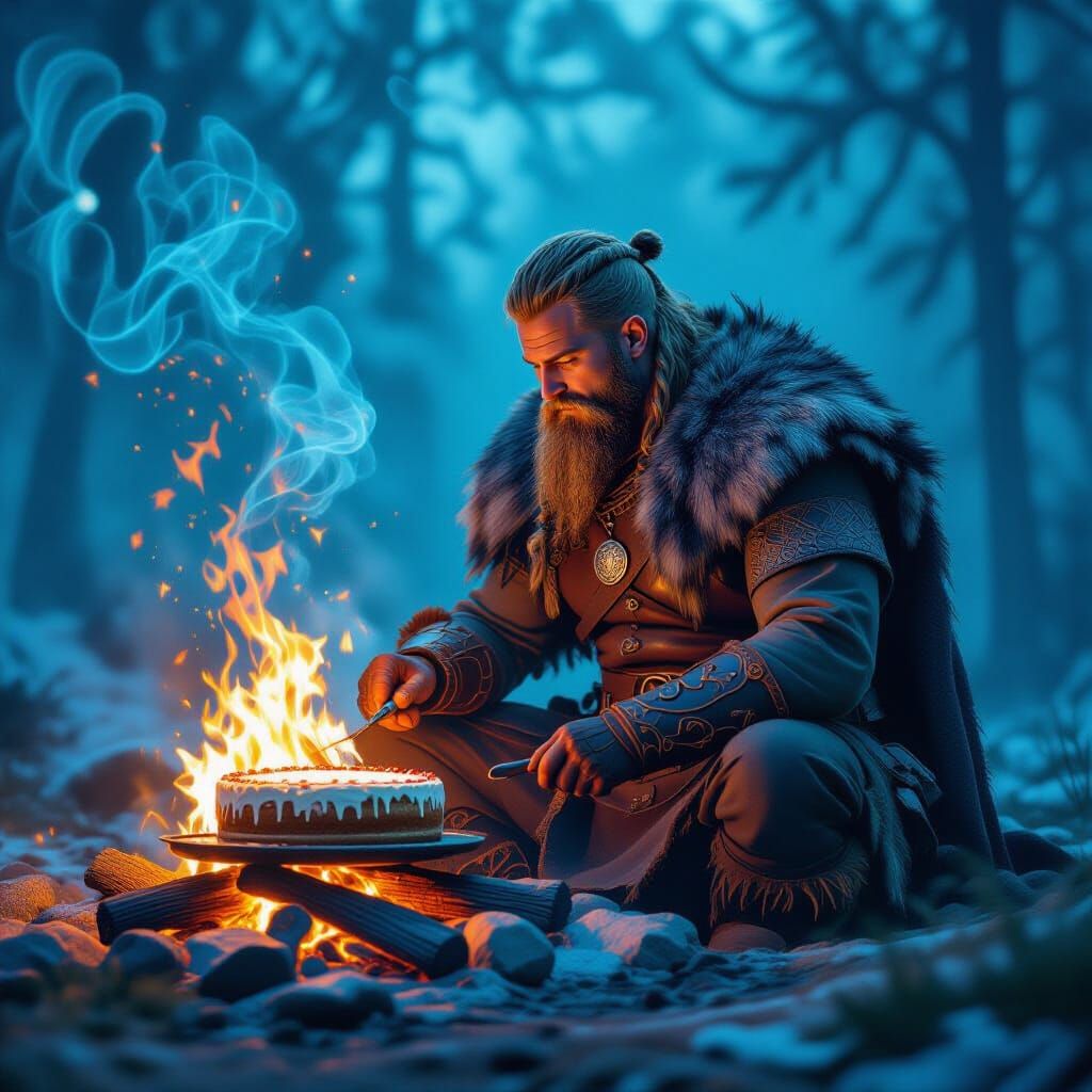 Viking Baking Cake Over Fire Abstract Fractal Art