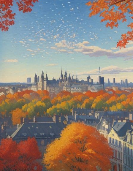 Autumn Cityscape in Vibrant Neo-Impressionist Style