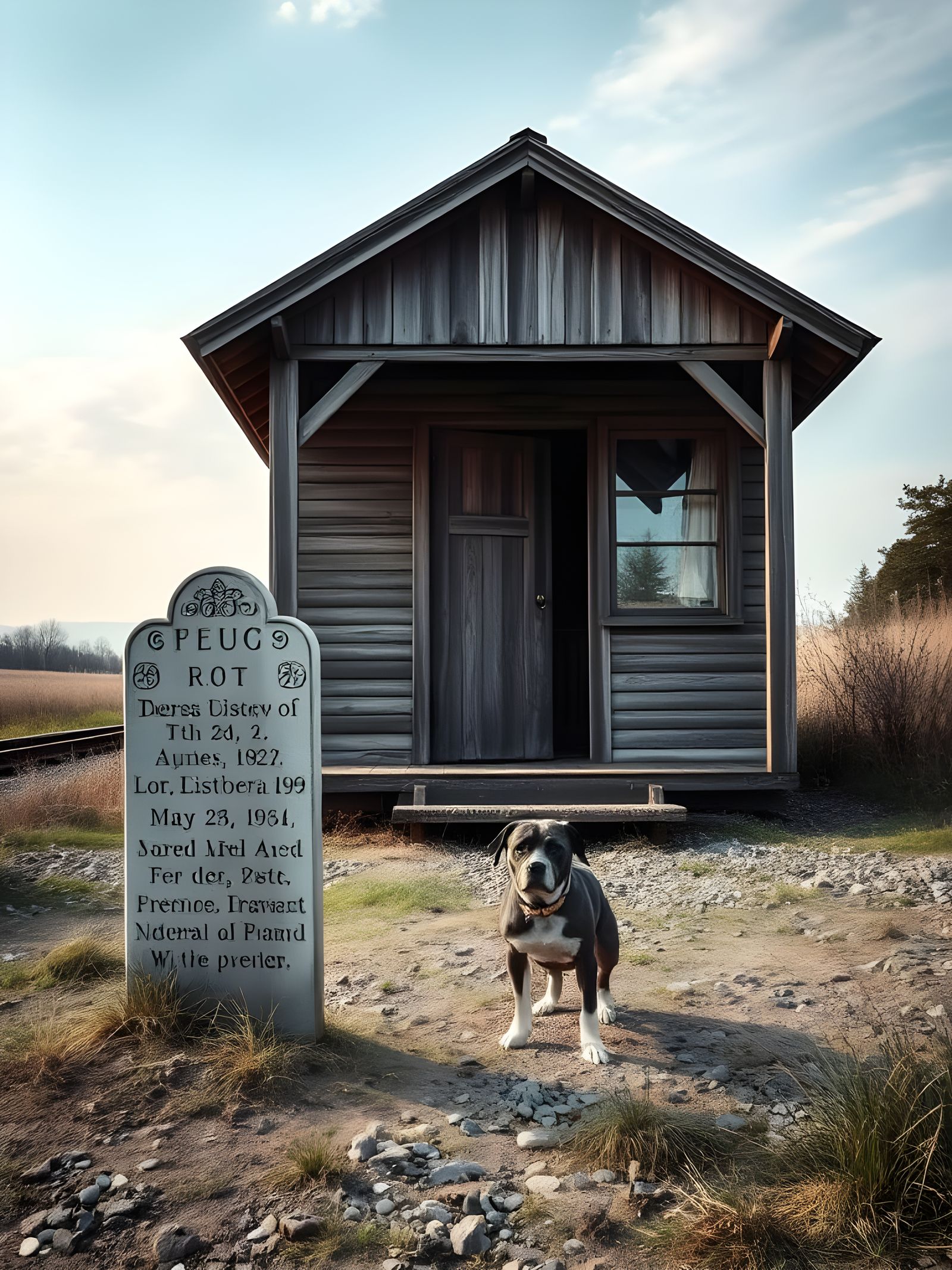 Weathered Wood Shack Beside Train Tracks and a Gravestone wi...