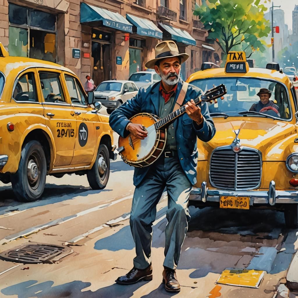 Banjo Player in Gouache Style Masterpiece