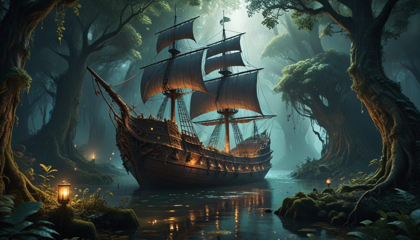 Ancient Ship in Mystical Forest Concept Art