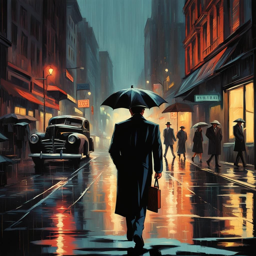 Philip Marlowe walking down a rainy noir big city street tailing a suspectHyperrealistic, splash art, concept art, mid s...