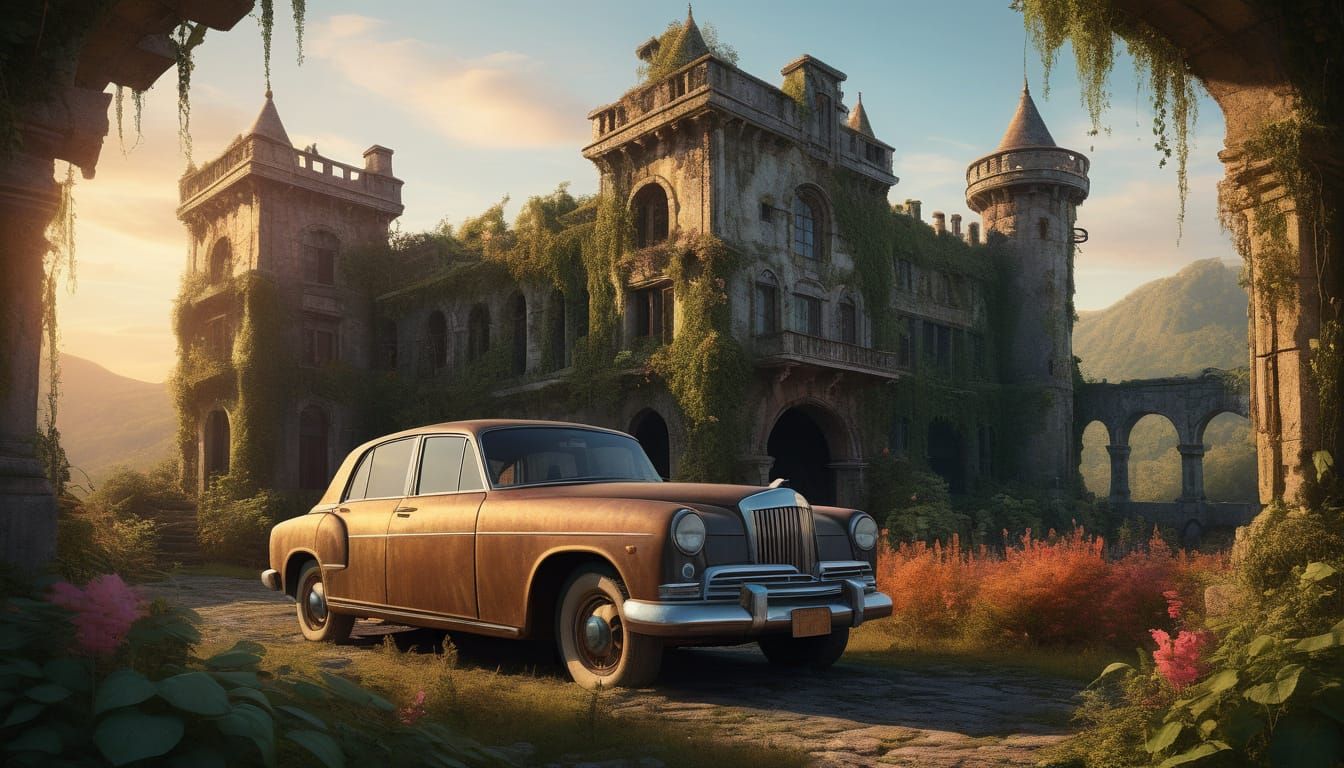 Overgrown Castle Ruin at Sunset with Steampunk Car