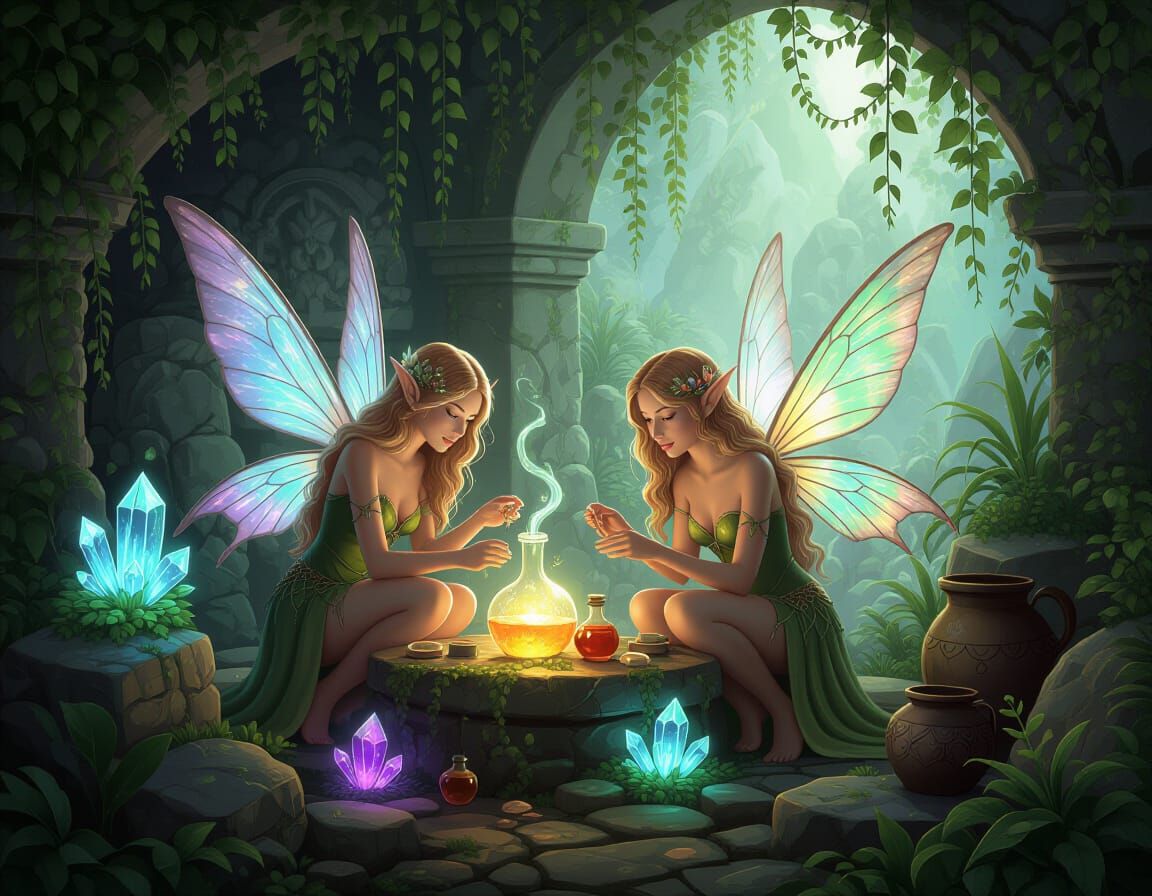 Magical Fairies Crafting Potions in Enchanted Forest