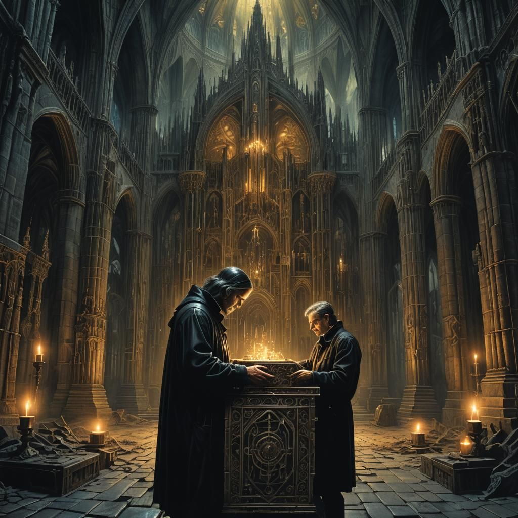 Eerie Cathedral: Man with Puzzle Box in Surreal Style