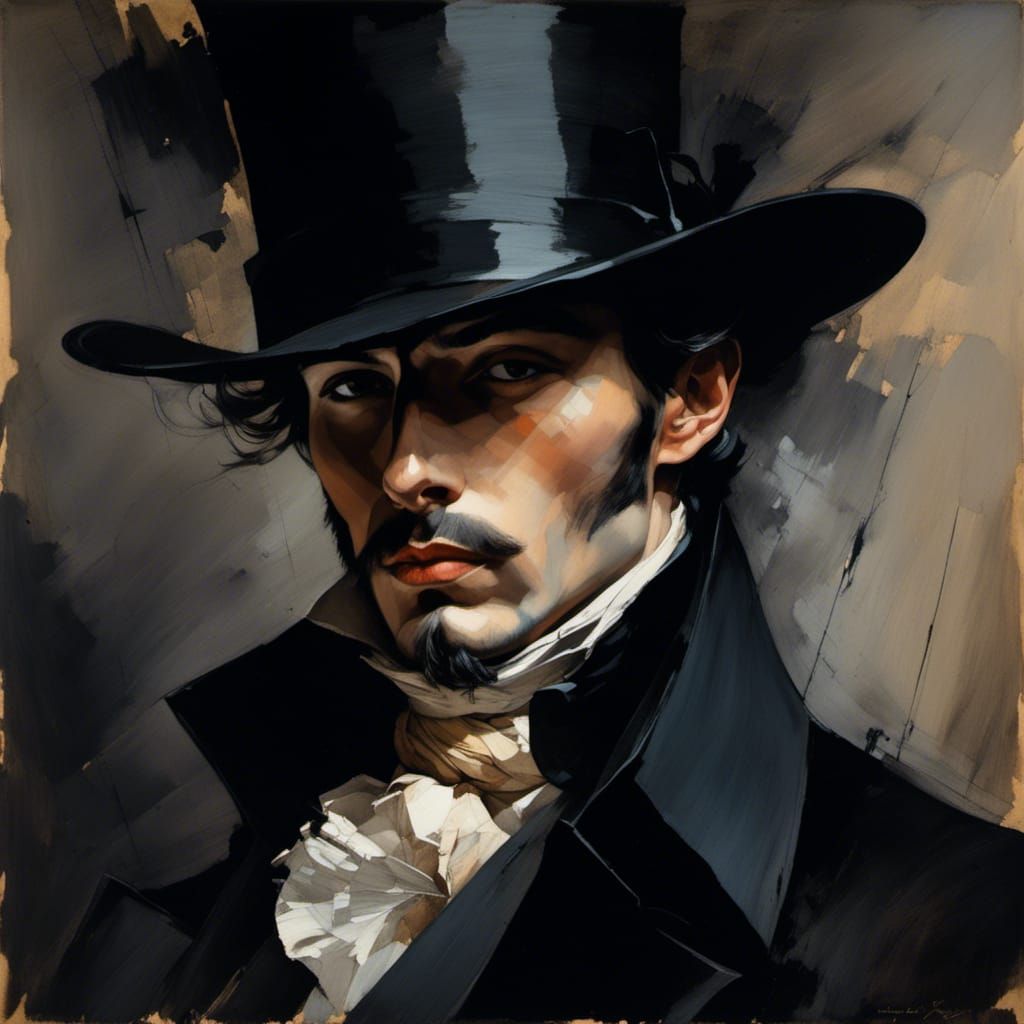 Stern Man in Black Suit and Hat Portrait